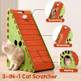 3-in-1 Cat Scratcher for Indoor Cats, Triangle Felt Scratching Board, Vertical Small Kitten Scratch Pad & Ramp & Bed, Wall Kitty Scratch Board with Sleeping House, Ball Toys, Cleaning Brush, Orange