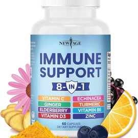 NEW AGE 8 in 1 Immune Support Booster Supplement with Echinacea, Vitamin C and Zinc 50mg, Vitamin D 5000 IU, Turmeric Curcumin & Ginger, B6, Elderberry Dietary Healthcare - Size: 1 Bottle