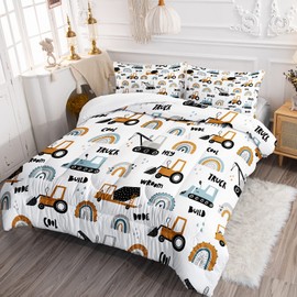 BailiPromise Cartoon Car Boys Comforter Set Construction Vehicles Kids Bedding Set Queen Size 3Pcs Rainbow Excavator Tractor Comforter Duvet Quilt Toddler for All Season