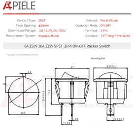 APIELE 10Pcs Rocker Switch ON Off KCD1 Mini Round Toggle Switch SPST 2Pin Snap-in Design Car Boat Automotive with Wires Pre-Wired AC 6A/250V 10A/125V 12VDC