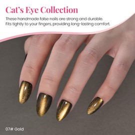 XZMeiLun Cat Eye Gold & Silver Press On Nails Short Almond 60 Pcs Kit, Designer Reusable Acrylic Fake Nails with Glue, Glossy Soft Gel Nails for Women Wedding Party Gift - Glue On Nails Kit