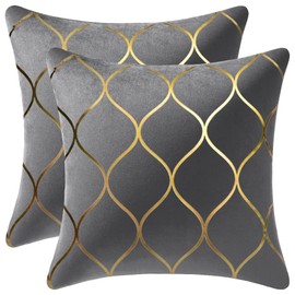 DEZENE Gold Velvet Throw Pillow Covers: 2 Pack 22x22 Inch Square Decorative Pillow Cases for Bedroom Sofa Couch Living Room, Light Grey