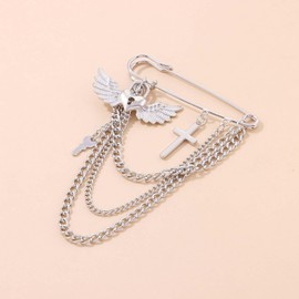 Carufin Love Lock Shaped Angel Wing Pendant Brooch Cross Pin Butterfly Bear Pearl Chain Brooch Jewelry for Women (Silver B)