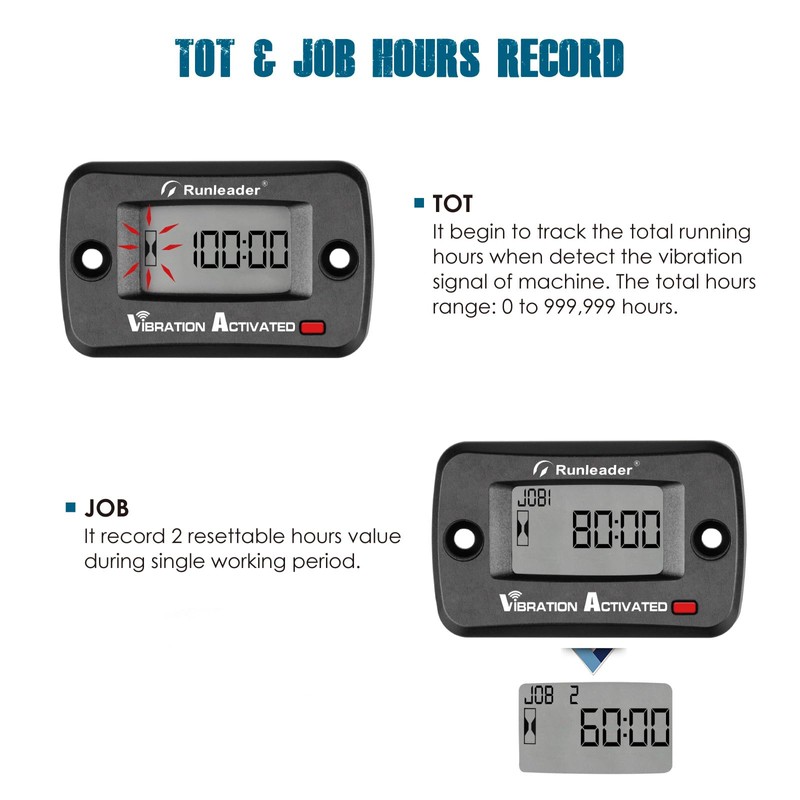 Runleader Digital Wireless Hour Meter, Vibration Activated, Maintenance Reminder, Resettable