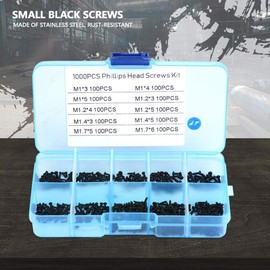 1000Pcs Self-Tapping Screws M1 M1.2 M1.4 M1.7 Stainless Steel Small Phillips Rounded Head Screws Set Assortment Kit with Storage Box, Black
