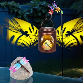 Solar Lanterns Outdoor Waterproof Metal Dragonfly Patterns with Resin Dragonfly Inside Garden Decor Gifts for Women Mom Grandma Hanging Solar Lights Decoration Outside for Yard, Patio, Backyard, Porch