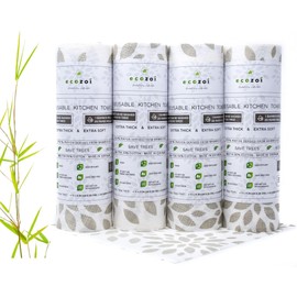 Ecozoi Bamboo Rayon Reusable Towels - 4 Pack | Equivalent to 80 Regular Rolls | 70% Rayon from Bamboo and 30% Cotton Kitchen Paper Rolls | 50 Times More Usage than Regular Paper Rolls