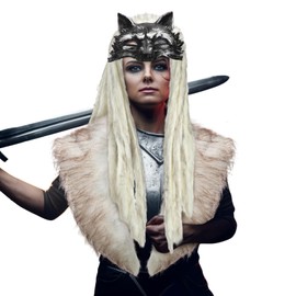 Newcotte 2 Pcs Viking Fur Costumes Fur Collar Faux Shoulder Wrap and Wolf Mask Renaissance Barbarian Accessory for Women Men (White)