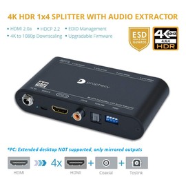 gofanco Prophecy HDMI Splitter 4K 60Hz HDR 1x4 – YUV 4:4:4, with HDMI Audio Extractor to Toslink & RCA, HDR, HDMI 2.0a, HDCP 2.2, 18Gbps, Auto Scaling, EDID Management, TAA Compliant