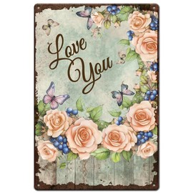 SUPERDANT Love You Tin Sign Valentine's Day Metal Tin Sign Rose Butterfly Metal Signs Vintage Signs and Plaque for Bedroom Living Room Valentine's Day Man Cave Wall Decoration