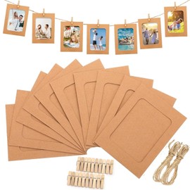 AKOAK 20 Pcs Paper Photo Frame, DIY Cardboard Photo Frame with Wooden Clips and String, 4x6 inch Kraft Hanging Picture Frames, for Kids Artwork, Bedroom, Classroom Wall Decor Hanging Photo Display (Brown)