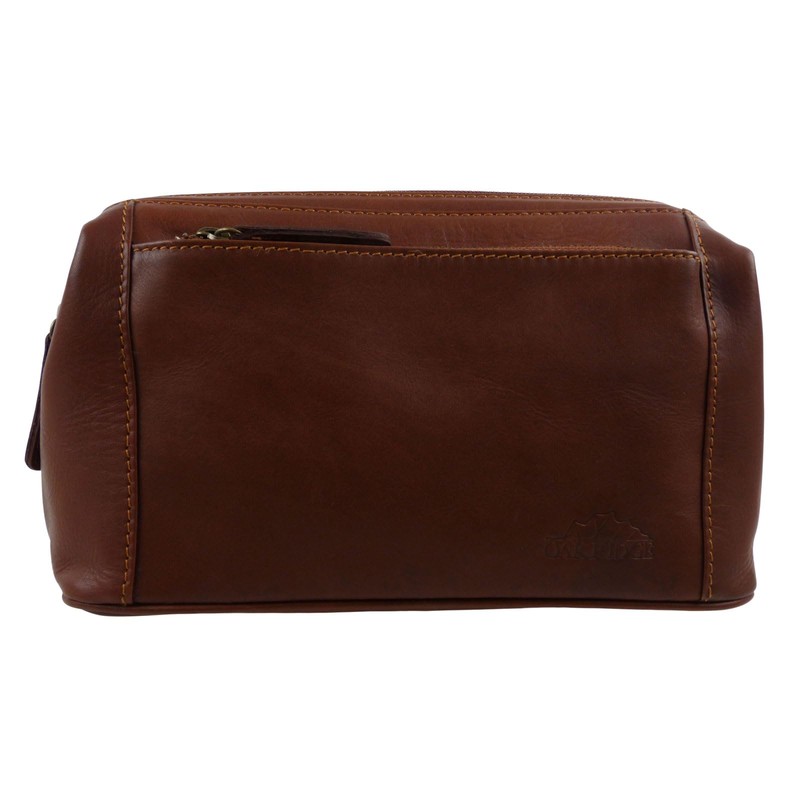 Oakridge Leather Mens Top Frame Washbag/Toiletry Bag - Cognac