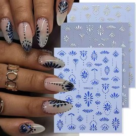 6 Sheets Bohemian Nail Stickers Gold Nail Art Stickers 3D Self-Adhesive Retro Pattern Flower Blue Silver Gold Flowers Designs Nail Art Supplies Summer Nail Decals for Women Girls Nail Decorations DIY
