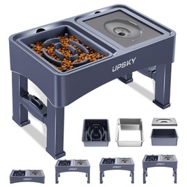UPSKY 3-in-1 Elevated Dog Bowls Slow Feeder, 4 Height Adjustable Raised Dog Bowl Stand No Spill Dog Water Bowl Dispenser, Stainless Steel Dog Food Bowl and Water Bowl for Small Medium Dogs, Blue