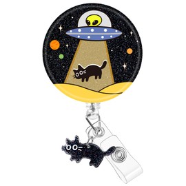 Plifal Badge Reel Holder Clip - Funny UFO Alien Black Cat Retractable ID Name Card Badge Reel with Charm Alligator Clip, Office Nurse Nursing Medical Worker Student Accessories Gifts