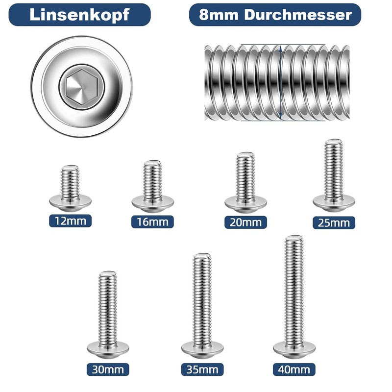 Pack of 20 M8 x 12 mm Rounded Head Screws