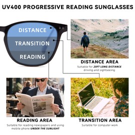 DEHOTRE Progressive Multifocal Reading Sunglasses Men No Line Bifocal Sun Readers with Metal Core Wire Acetate Frame Fashion Temple Design Zero Top Spring Hinge UV400 Black 2.50