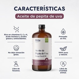 Hebbe - Aceite de Pepita de Uva 100% Puro, Antioxidante e Hidratante para Piel y Cabello, 1L