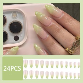 Almond Press on Nails Medium Green Gradient Fake Nails French Tip False Nails Press on 3D Water Wave Stripes Design Full Cover Glossy Artificial Nails Reusable Stick on Nails for Women Girls 24Pcs
