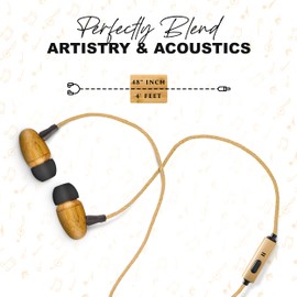 Earth-Budz Wood Earbuds — Hand-Crafted Sustainable Bamboo Wood Earbuds with Microphone and a Natural Hemp Cord Lightweight, Noise-Isolating Earphones Wood for Cell Phones and Laptops, Laid Back