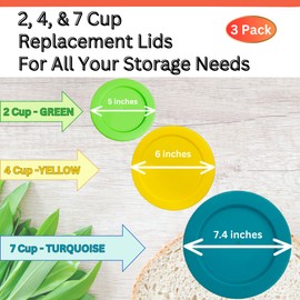 Klare Ware 2, 4 & 7 Cup Replacement Lids/Covers for Pyrex, Anchor Hocking & KlareWare Storage Bowls *Lids Only - Glass Container Not Included* (3 Pack *One of Each Size*, Spring Green, Yellow, Turq)