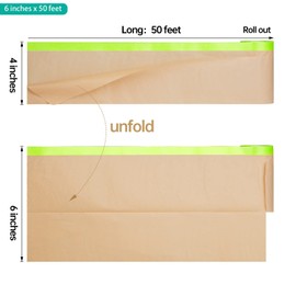 Pre-Taped Masking Paper for Painting - 6 inch x 50 feet Tape and Drape Painters Paper, Paint Adhesive Protective Paper Roll for Covering Skirting, Frames, Cars and Auto Body (2 Rolls)