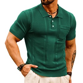 Mens 70s Knit Polo Shirts Short Sleeve Vintage Sweater Polo Summer Casual Shirts Golf Pullover Deep Green 2XL