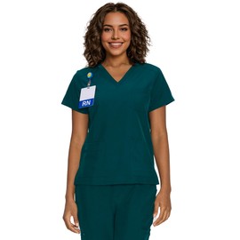 floralhue Scrub Tops for Women, Curved V-Neck Scrub Tops with 3 Pockets, Soft Stretch, Easy Care,Caribbean Blue,XL