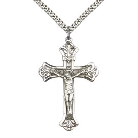 Sterling Silver Crucifix Pendant (1 7/8” x 1 1/8”) with 24” Stainless Silver Heavy Curb Chain - Includes Deluxe Flip-top, gift box