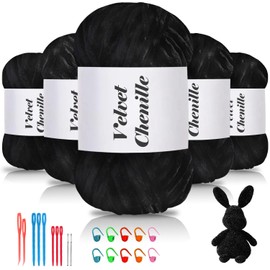Maxee 500 g (5 x 100 g) Velvet Baby Wool, Velvet Chenille Yarn with Crochet Tools, Cuddly Soft Velvet Chenille Yarn, Fluffy, Soft Plush Wool, Crochet Yarn Wool for Knitting and Crochet, Black