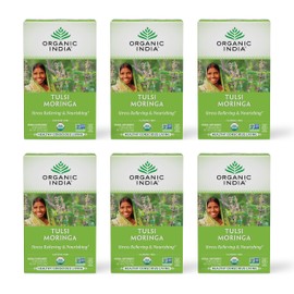 ORGANIC INDIA Tulsi Moringa Tea Bags - Holy Basil, Lemongrass, Moringa Leaves, Stress Relieving & Nourishing, Immune Support Tea, Vegan, Certified Organic, Caffeine-Free - 18 Infusion Bags, 6 Pack