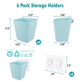 LIGHT DUST Wall Caddy Pen Holders, 6 Pack Blue Large Pencil Cups Organizer for Marker/Remote/Crayon/White Board Accessories, with Adhesive Stickers, Office Home Craft Class Kids Room Art Organization