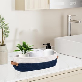 Hapforever 1 Pack Small Woven Storage Basket for Toilet Tank Top, Bathroom Countertop Organizer Cotton Rope Toilet Paper Storage Decorative Basket 13”x6”x4” (Navy/White)