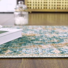 COZYLOOM 2x6 Vintage Runner Rug Medallion Distressed Accent Rug Aesthetic Boho Chenille Entryway Hallway Runners Low Pile Non-Slip Washable Rug Runner for Kitchen Laundry Green/Orange