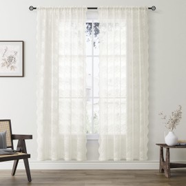 Hokibero 72 Inch Length Lace Sheer Curtains for Living Room Floral Embroidered Curtains with Scalloped Edges 2 Panels Set, Cream 52 x 72