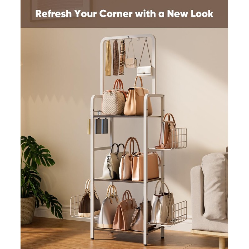 Tuohours 3-Tier Tall Purse Organizer Rack Stand, Floor-Standing Bag Storage