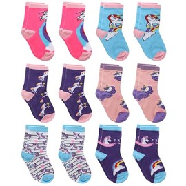 Falari - Paquete de 12 calcetines de algodón para niñas y niños pequeños, Unicornio, 6-8 Años
