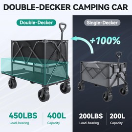 YITAHOME Double-Deck Collapsible Folding Utility Wagon, 400L 47'' Extra-Long Wagon Cart with Large Wheels, Cup Holder, 450lbs Capacity for Sports Gear, Shopping, and Camping (Black)