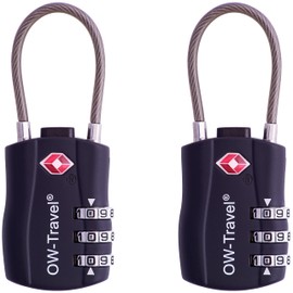 New TSA Approved Luggage Locks (2 Pack) OW-Travel 3 Digit Heavy Duty Zinc Alloy Security Cable Padlock, Combination Padlocks, Code Lock for Suitcase, Zipper, Luggage, Bag, Case, Gym Locker (Black)