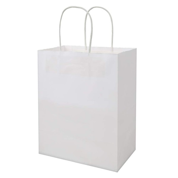 bagmad 100 Pack Sturdy Medium White Kraft Paper Bags with Handles Bulk, Thicken Gift Bags 8x4.75x10 inch, Craft Grocery Shopping Retail Party Favors Wedding Bags Sacks (White, 100pcs)