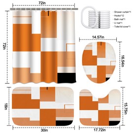KINUUIS 4 Pcs Geometric Bathroom Shower Curtain Sets with with Toilet Lid Cover and Non-Slip Rugs, Orange Modern Abstract Bathroom Decor Sets with Shower Curtain and Rugs for Bathroom