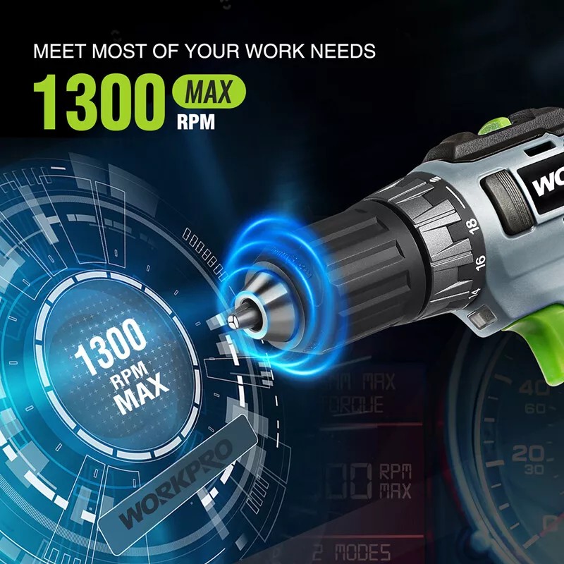 WORKPRO 20V Cordless Drill Driver Kits 3/8'' Keyless Chuck 2.0Ah