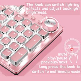 CC MALL Gaming Keyboard,Retro Punk Typewriter-Style, Blue Switches, White Backlight, USB Wired, for PC Laptop Desktop, Stylish Round keycaps Mechanical Keyboard (Pink)