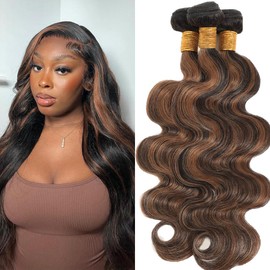 Dokksiiia 1B/30 Piano Color Highlight Body Wave Human Hair Bundles P1B30 Black and Light Brown Track MIx Double Weft Brazilian Human Hair Extensions Silky and Soft 20 22 24 Inch
