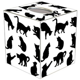 Marye-Kelley, Black Cat Silhouettes Tissue Box Cover Paper Maché Cubed Tissue Box Cover, Silver Trim