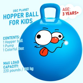 U&C Planet Hopper Ball 18 inches Bouncy Ball with Handle for Kids Age 3-6 Hoppity Hop Sit and Bounce Jumping Hopping Ball with Pump and Gift Box Great Gift for Birthday Christmas, Blue
