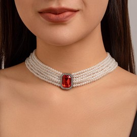 Xerling Vintage 1920s Faux Pearl Choker Necklaces Imitation Pearl Rhinestones Pendant Chains Bridal Wedding Jewelry Necklaces for Costume Party (Red)