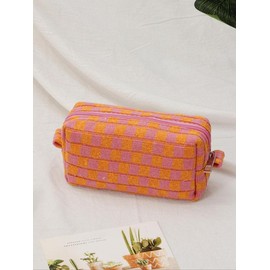 Cute Checkerboard Pattern Durable Cosmetic Bag, 1 Piece Large Capacity Knitting Storage Bag, Fashion Portable Make-up Bag for Women and Girls, Cosmetics Organizer:_Multicolor9_one-size