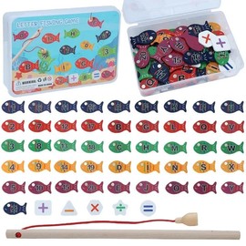 ONEST 54 Pieces Magnetic Fishing Game Wooden Magnet Fishing Game Wooden Magnetic