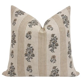 Pillow Cover Thick Cotton 20 x 20 in Double Sided Block Print Gold Zipper for Easy Removal Home Decor Shabby Chic Farmhouse Neutral Sofa Couch Accent Throw (Beige Tan Charcoal Floral Stripes)